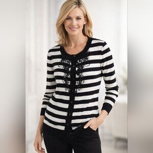 Talbots Black and White Striped Embellished Cardigan